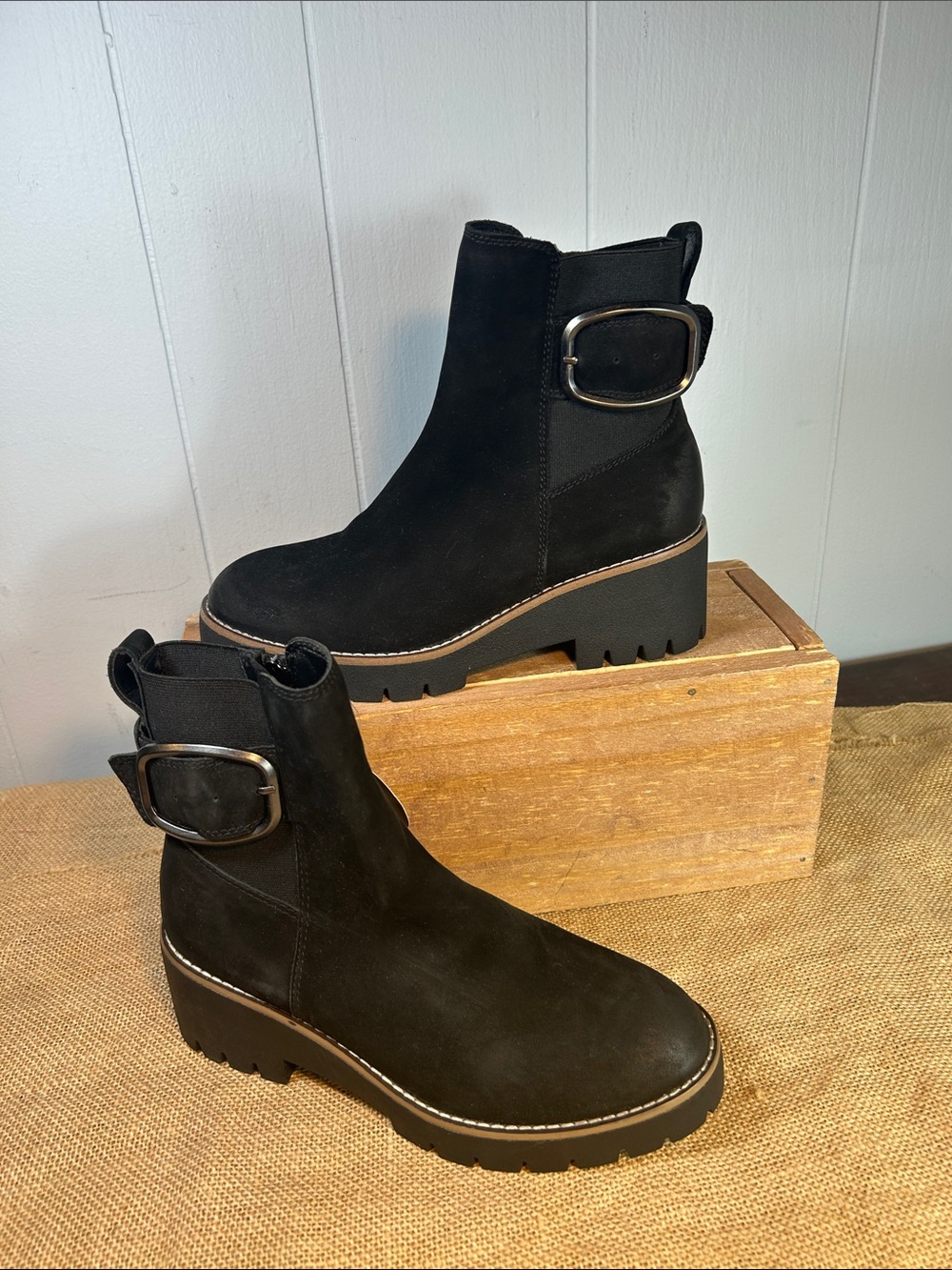Blondo Black Waterproof Suede Lug Ankle Boots with Side Buckle